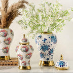 Ginger Jars for Home Decor, White and Gold Vase, Porcelain Ginger Jar Chinoiserie Blue and White Vase with Gold Trim and Floral Pattern, Ceramic Flower Vase for Home, Temple and Storage Jars(12in)