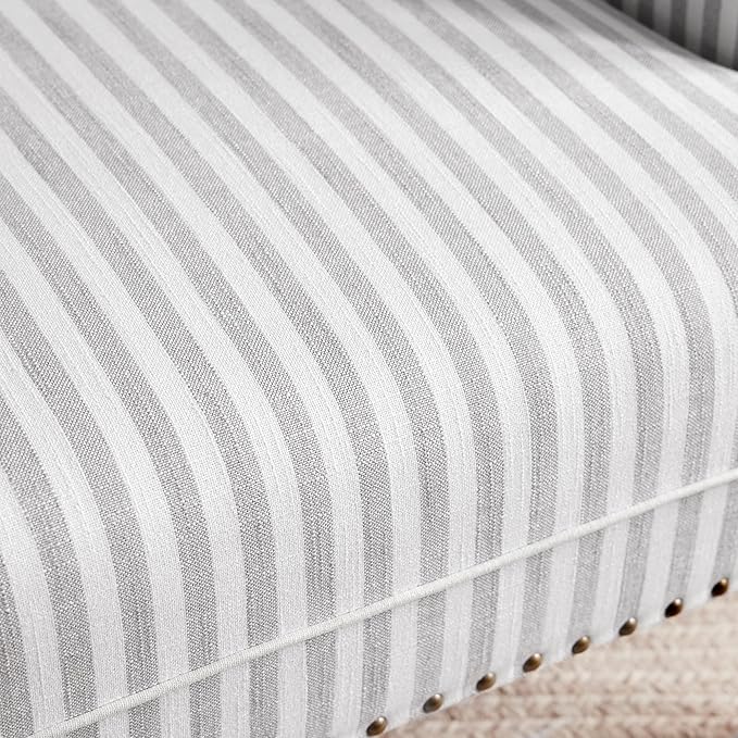 HUIMO Linen Fabric Accent Chair, Mid-Century Modern Armchair with Solid Wood Legs, Single Sofa Chair,Upholstered Reading Club Chair (1, Grey and White Stripe)