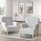 HUIMO Linen Fabric Accent Chairs Set of 2, Mid-Century Modern Armchair with Solid Wood Legs, Single Sofa Chair,Upholstered Reading Club Chair (2, Light Grey and White Stripe)