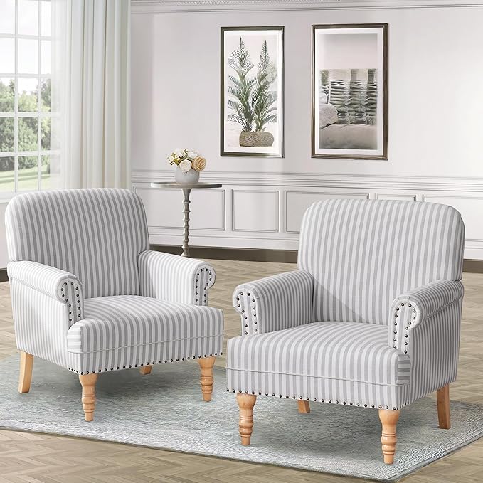 HUIMO Linen Fabric Accent Chairs Set of 2, Mid-Century Modern Armchair with Solid Wood Legs, Single Sofa Chair,Upholstered Reading Club Chair (2, Light Grey and White Stripe)