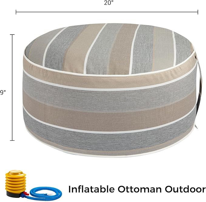 FUNHOME Inflatable Outdoor Ottoman with Air Pump,20"x9" Portable Patio Pouf,Water Resistant,Fade-Resistant,Round Blow Up Footrest Stools for Home Garden Camping Travel(Gray Stripe)