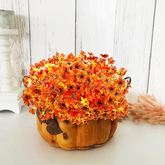 Artificial Fall Flowers for Outdoors, 10 Bundles Artificial Plants UV Resistant Fall Fake Plants for Outside Halloween Christmas Porch Decoration Fall Decor(Orange(Eucalyptus))