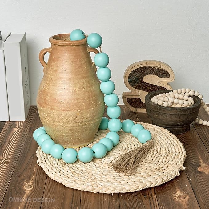 OMISHE 60" Long Extra Large Wood Bead Garland Aqua Teal with 1.6" Diameter Wooden Beads and Tassels, Rustic Farmhouse Country Decorative Beads for Home Decor, Aqua Teal