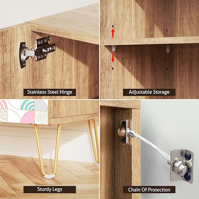 SIGNWIN Sideboard Buffet Cabinet, Kitchen Storage Cabinet with 2 Doors, Pastel Pink & Teal Polygon, Cupboard Console Table for Dining Room - 35" L x 18" W x 29" H