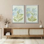 SIGNFORD Framed Canvas Print Wall Art Set Soft Hydrangea Pair Light Blue Florals with Green Leaves Illustration Modern Art Decorative Nordic Nature for Living Room, Bedroom, Office - 16"x24"x2 White