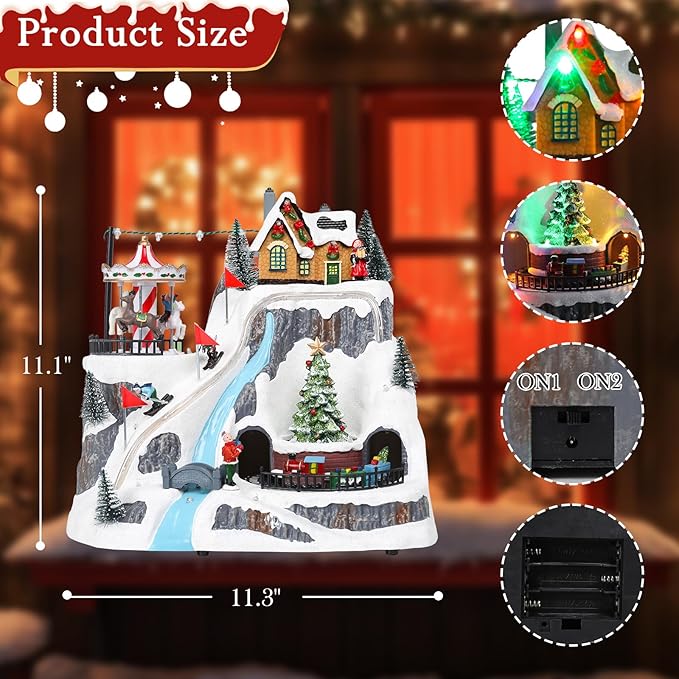 Christmas Village House Musical Christmas Village Skiing on The Mountain Carousel Train Collectible Buildings with LED Lights Vacation with USB Indoor Figurines Decoration