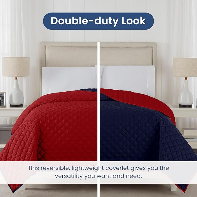 Martex Reversible Coverlet – Full Size Quilt – Queen Size Quilt - Lightweight Quilt Full Size– Durable Queen Size Quilts for Bed – Soft - Easy Care Bedding – Red/Navy