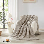 L'AGRATY Chunky Knit Blanket Throw: 72''x84'' Chenille Chunky Knitted Throw Blankets for Bed Couch - Handmade Thick Big Cable Knit Blanket - Large Crochet Rope Blankets for Home Decor(Light Linen)