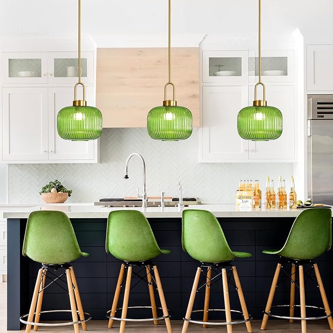 Modern Green Glass Pendant Light Fixtures, Mid Century Pendant Lights for Kitchen Island, 9.8" Gold Adjustable Height Ceiling Hanging Light Fixtures for Dining Room Entryway Bedroom Foyer Hallway
