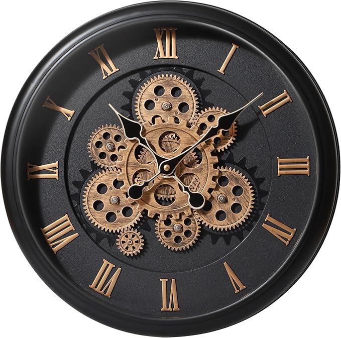 Maxstar Large Moving Gear Wall Clock,16" Vintage Mechanical Battery Operated Industrial Wall Clocks for Farmhouse Living Room,Home Office, Dinning Room, Kitchen, Steampunk Decor-Black,Roman Numeral