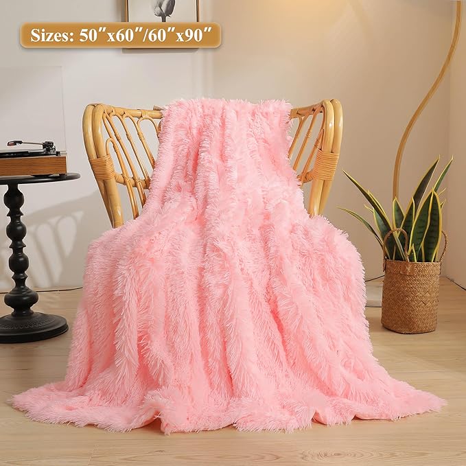 XeGe Luxury Faux Fur Blanket, Pink Soft Big Fluffy Throw, Shaggy Plush Decorative Cute Girls Furry Bed Throw, Fuzzy Blanket for Couch Bedroom Living Room, Pink, 60x90