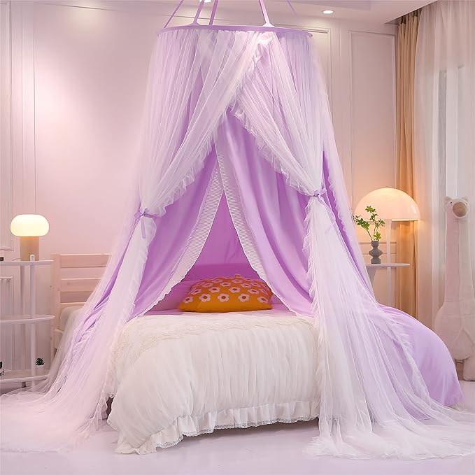 VETHIN Double Layer Princess Round Dome Canopy Bed Curtain for Girls Adults,Children Dreamy Mosquito Net,Cute Bedroom Decoration Castle Play Tent Reading Nook Canopies(Dome-Purple/White)
