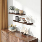 Solid Elm Wood Floating Shelves, 36 Inch Wood Floating Shelves for Wall, Live Edge Wooden Shelves Wall Mounted for Books, Bathroom, Kitchen, Walnut Color, Set of 2