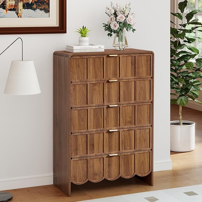 5 Drawer Dresser for Bedroom Set of 2, Modern Closet Chest of Drawers with Wave Fluted Drawer, Wood Storage Small Dresser Organizer for Nursery Bedroom Living Room Hallway Closet (Walnut)