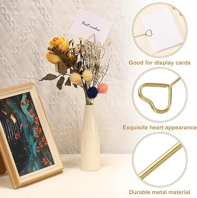 uxcell 30 Pcs Table Card Holders, 11.8 Heart Metal Craft Wire Clips Picture Clip Table Number Holders Picks for Wedding, Photos, Memo, Restaurant, Gold