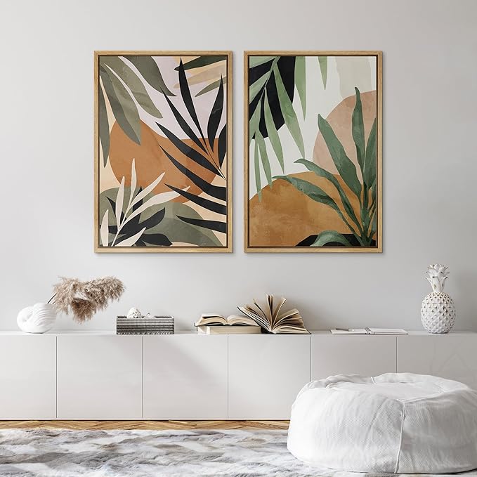 SIGNFORD Framed Canvas Print Wall Art Set Tropical Island Palm Leaf Geometric Collage Abstract Nature Illustrations Modern Art Decorative Minimalist Floral Botanical for Bedroom - 16"x24"x2 Natural