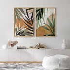 SIGNFORD Framed Canvas Print Wall Art Set Tropical Island Palm Leaf Geometric Collage Abstract Nature Illustrations Modern Art Decorative Minimalist Floral Botanical for Bedroom - 16"x24"x2 Natural