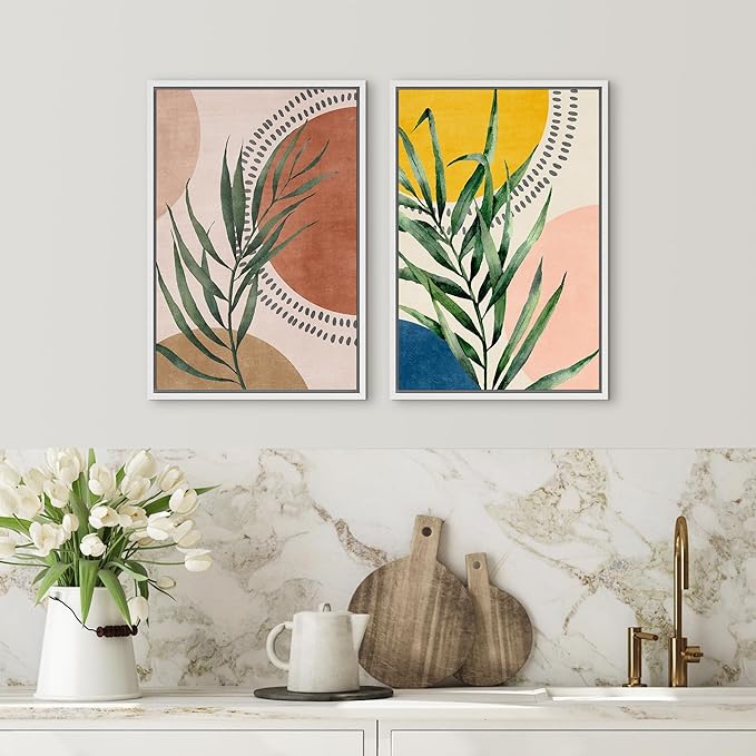 SIGNFORD Framed Canvas Print Wall Art Set Geometric Mid-Century Circle Plants Abstract Shapes Illustrations Modern Art Decorative Zen Bohemian for Living Room, Bedroom, Office - 24"x36"x2 White