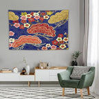 HZOHNAGO Japanese Tapestry Art Abstract Colorful Cherry Blossom Blue Background Pattern Printed Wall Tapestry Painting Wall Hanging for Bedroom Living Room Dorm 60" W x 40" H