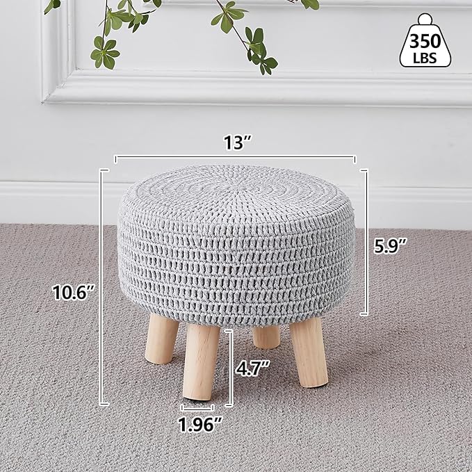 Wimarsbon Small Ottomans, 100% Hand Knitted Pouf Ottoman, Round Footrest with 4 Non-Skid Wood Legs, Boho Décor Cotton Rope Pouffe Beside Sofa, Leisure Floor Step Chair for Living Room (Grey)