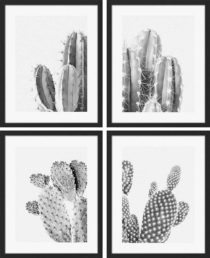 SIGNWIN Framed Black & White Saguaro Southwest Desert Tropical Cactus Wall Art, Set of 4 Floral Botanical Wall Decor Prints, Nature Wilderness Wall Décor for Living Room, Bedroom - 12"x16" Black
