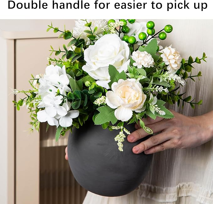 Ceramic Flower Vases, 6 Inch Vintage Terracotta Vases with hadle for Home Decor, Decorative Porcelain Vase, Farmhouse Vase for Home Decor, Living Room, Shelf Decor, Farmhouse, Table, Lyeec