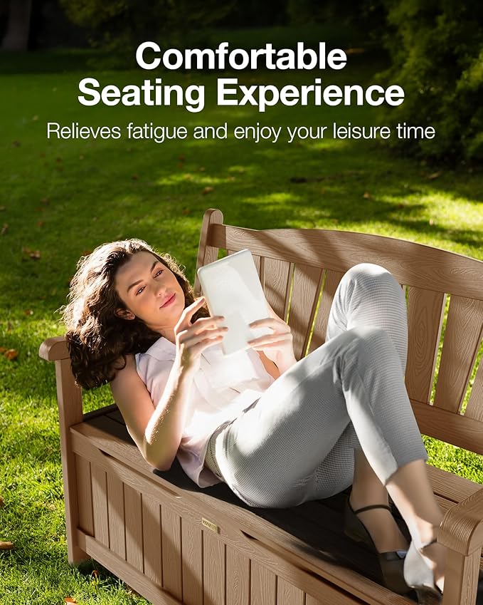 YEFU Outdoor Storage Bench for Patio: Heavy Duty Garden Bench Set of 2 with 96° High Backrest & Oversized Seating - HIPS Weatherproof Patio Bench with Storage for Porch Park Backyard, Teak