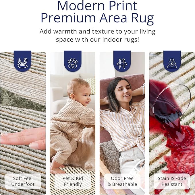 Abani Mid-Century Green Arch Washable Area Rug – 2' x 3' – Modern Geometric Design – Ivy Collection – Non-Shedding, Easy to Clean – Durable for High Traffic Areas – Living Room, Bedroom & Office