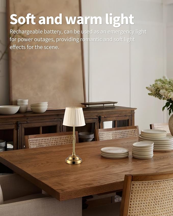 KDG Cordless LED Table Lamp Set of 2, Portables Fabric Shade Desk Lamps, 4000mAh Rechargeable Battery Powered Lighting, Dimmable Light for Dining Room, Bedroom, Bedside, Night Light, Balcony (Bronze)