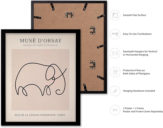 Poster Master Vintage Poster - Retro One Line Elephant Drawing Print - Elephant Art - Minimal Gift for Men, Women, Animal Lover - Abstract Wall Decor for Home, Office, 8x10 Black Framed