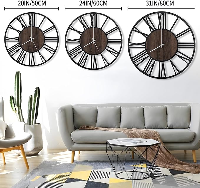 LEIKE Large LED Wall Clocks,Silent,Non Ticking,Battery Operated Rustic Round Modern Big Wood Wall Clock for Living Room, Bedroom,Kitchen,Farmhouse,Office,Home Decor -32" Black,LED,Roman Number