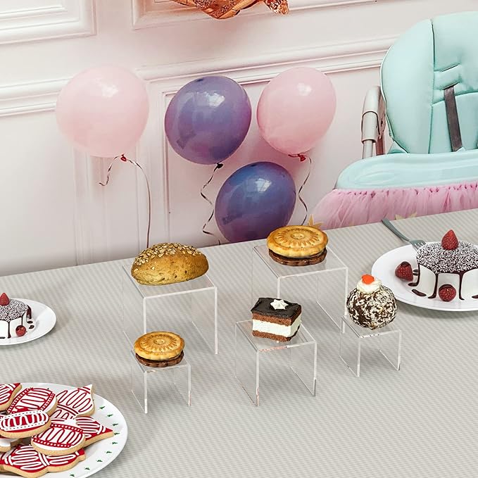 Square Acrylic Shelf Risers 3pcs, Acrylic Dessert Table Display Set, Clear Acrylic Showcase Collectibles Display Shelf for Funko Pop, Cupcake, Toys, Watches, Table Decorations - 4''x5''x6''