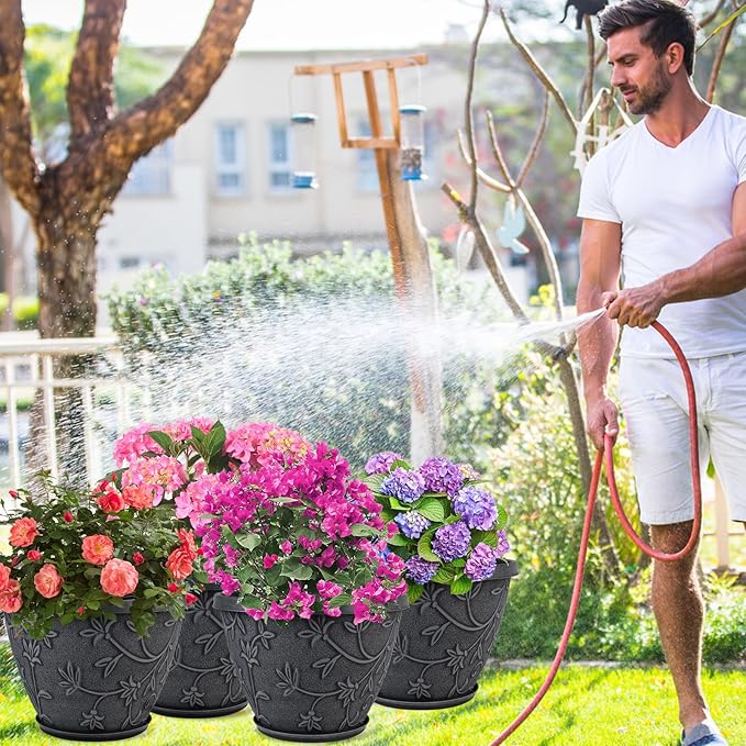 4 Pack 12 Inch Large Flower Pots for Outdoor Indoor, Plastic Plant Pots with Drainage Hole & Saucer, Modern Decorative Garden Pot, Imitation Magnolia Pots for Garden House Planters（Gray）