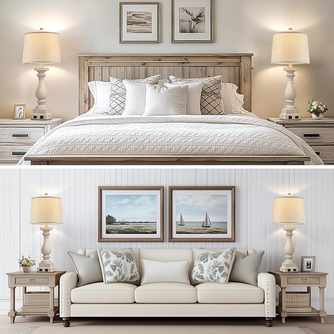 28" Tall Farmhouse Table Lamps Set of 2 with USB C+A Ports and AC Outlet, 3 Way Touch Control Rustic Bedside Lamp for Bedroom, Beige Vintage Nightstand Lamp for Living Room Office