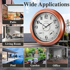 CLXEAST 18 Inch Illuminated Outdoor Indoor Clocks with Smart Sensor,Modern Farmhouse Lighted Wall Clock with Temperature and Humidity for Patio, Garden Decor,Copper/Rose Gold Finish