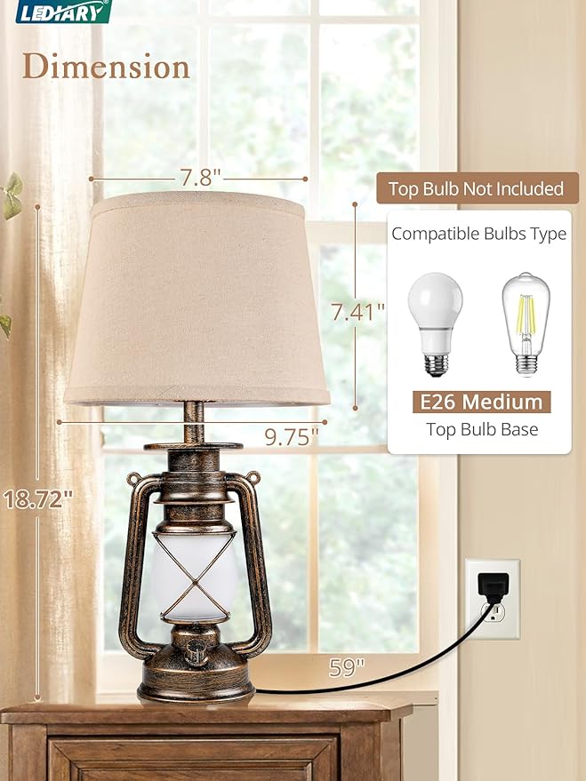 LEDIARY 18.72" Black Gold Vintage Lantern Flickering Flame Table Lamps for Bedrooms Set of 2, Small Farmhouse Rustic Vintage End Table Lamps, Halloween Decorative Lantern Bedside Lamps for Living Room