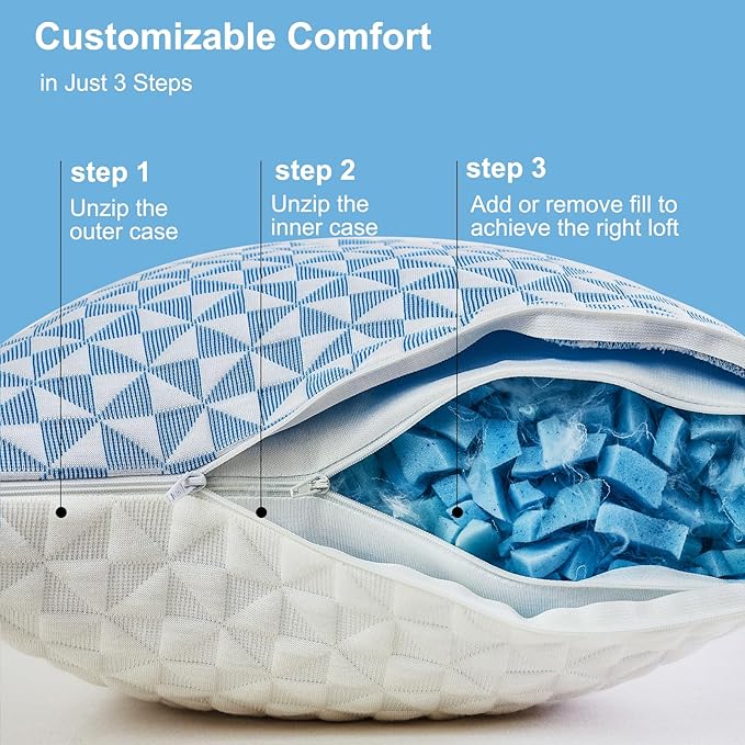 Cooling Shredded Memory Foam Pillow - Standard Size Bed Pillow Adjustable Pillow for Side Back Stomach Sleepers Cooling Gel Pillow (Pack of 2)