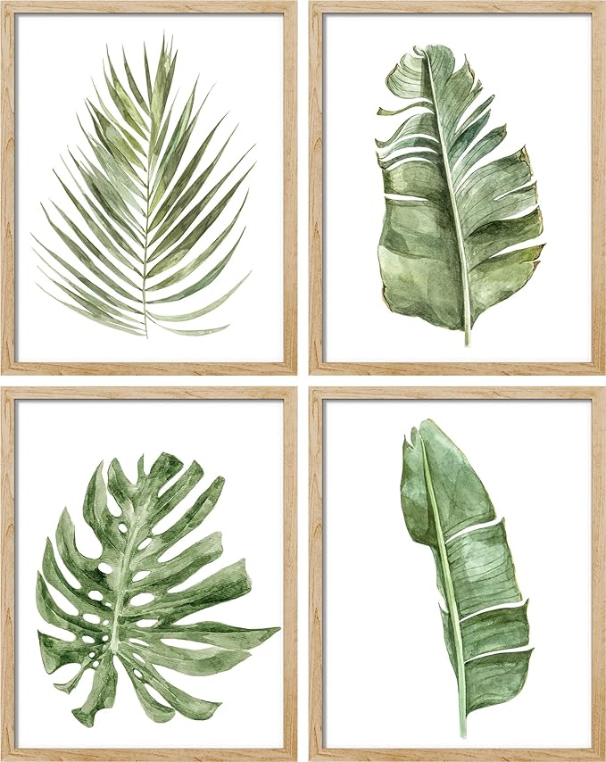 SIGNWIN Framed Banana Palm Monstera Leaf Wall Art, Set of 4 Green Pastel Wall Decor Prints, Nature Wilderness Wall Décor for Living Room, Bedroom - 8"x10" Natural