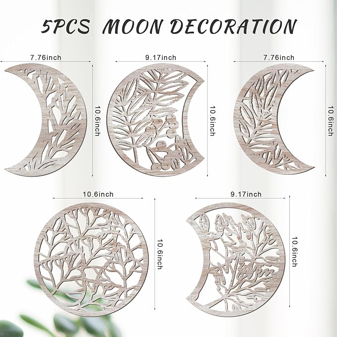 Jetec 5 Pcs Moon Phase Wall Art Decor Wall Pediments Hanging Wooden Moon Phase Spiritual Bedroom Nordic Boho Lunar Aesthetic Art for Living Room Dorm Apartment Bar Ornament(Vintage Color,10.6 Inch)