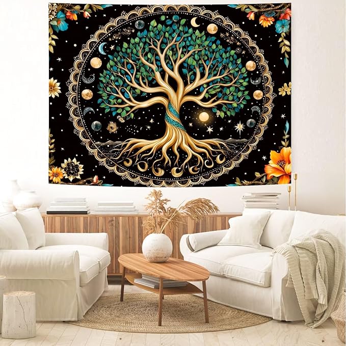 Delur Tree of Life Tapestry Moon Phase Nature Flower Plant Tapestry Wall Hanging Boho Mandala Spiritual Sun Aesthetic Psychedelic Headboard for Bedroom Living Room Home Decor (51.2" x 59.1")