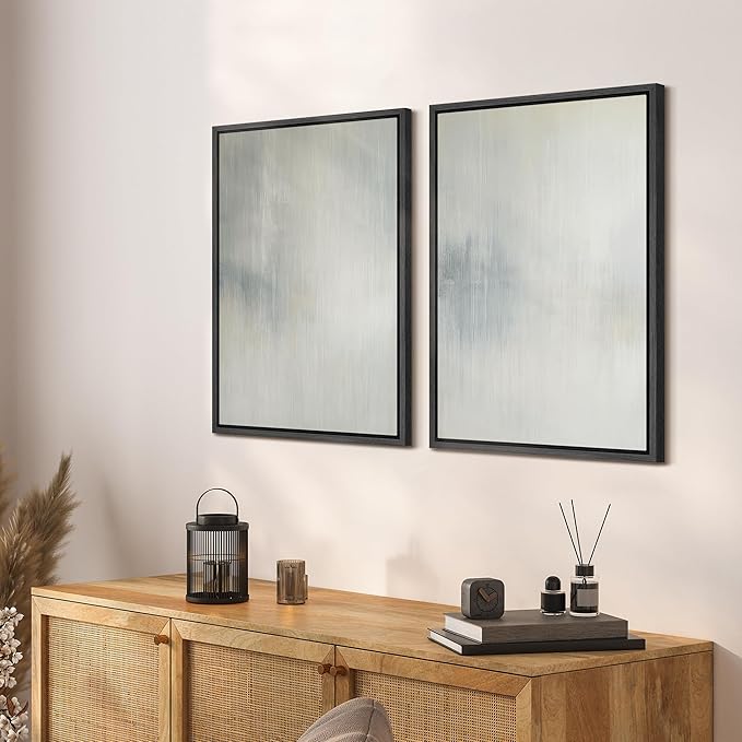 SIGNFORD Framed Canvas Print Wall Art Set Soft Gray and Blue Abstract Neutral Illustration Modern Art Decorative Nordic Nature for Living Room, Bedroom, Office - 16"x24"x2 Black