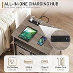 Farmhouse End Table Set of 2, Sofa Side Table with Charging Station, Bedside Table with 2 Drawers and Barn Door, Rustic Wooden Nightstand for Bedroom, Living Room, Greige