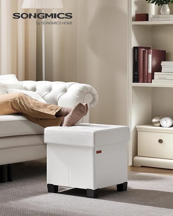 SONGMICS Storage Ottoman, Cube Ottoman with Legs, 15 x 15 x 15.7 Inches, Footstool, Footrest, 10 Gal. (37 L), Synthetic Leather, for Bedroom, Living Room, Dorm, Cloud White ULSF0512W02