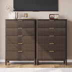 LINSY HOME Fluted Dresser for Bedroom with 5 Drawers, 46" Tall Mid Century Modern Dressers, Wide Boho Chest of Drawer, Large Wood Accent Storage Cabinet for Living Room, Curved Profile Design, Walnut