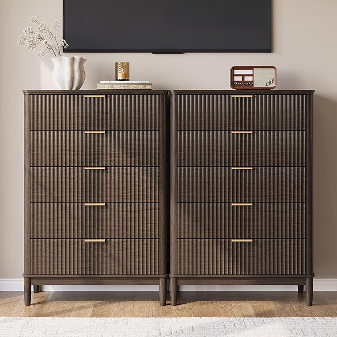 LINSY HOME Fluted Dresser for Bedroom with 5 Drawers, 46" Tall Mid Century Modern Dressers, Wide Boho Chest of Drawer, Large Wood Accent Storage Cabinet for Living Room, Curved Profile Design, Walnut