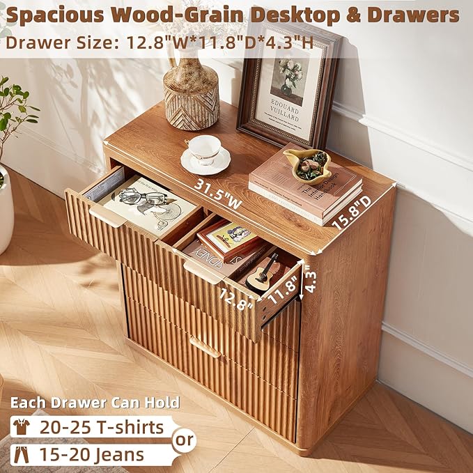 LEYAOYAO Fluted 5 Drawers Dresser for Bedroom Set of 2, 34" Tall Modern Chest of Drawers with Metal Handle, Curved Profile Design,Brown Wood Drawer Organizer for Bedroom, Living Room, Hallway