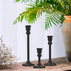 3-Piece Metal Candle Holders Set - Heavy Duty Alloy Taper Candlesticks for Table Centerpiece, Christmas, Dinner Party, Vintage Home Decor - 5-7.5 -10.3Inch Tall, Antique Gold Finish (Black)