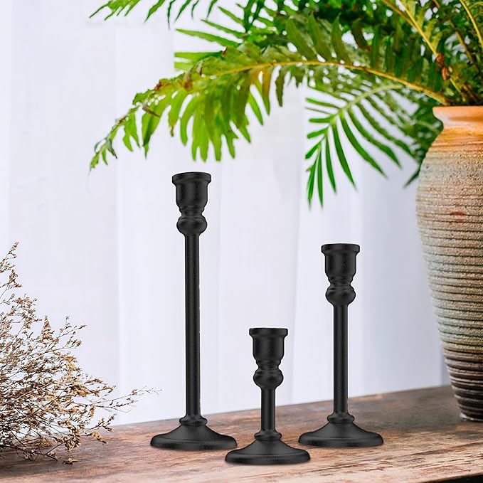 3-Piece Metal Candle Holders Set - Heavy Duty Alloy Taper Candlesticks for Table Centerpiece, Christmas, Dinner Party, Vintage Home Decor - 5-7.5 -10.3Inch Tall, Antique Gold Finish (Black)