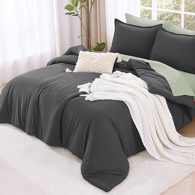 Litanika Grey Comforter Full Set, Dark Gray Lightweight Plain Bedding Comforters Sets, All Season Fluffy Bed Set (79x90In Comforter & 2 Pillowcases)