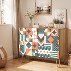 SIGNWIN Sideboard Buffet Cabinet, Kitchen Storage Cabinet with 2 Doors, Orange & Teal Star Circle, Cupboard Console Table for Dining Room - 35" L x 18" W x 29" H